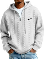 Men's Half Zip Cable-Knit Textured Fleece Hoodie