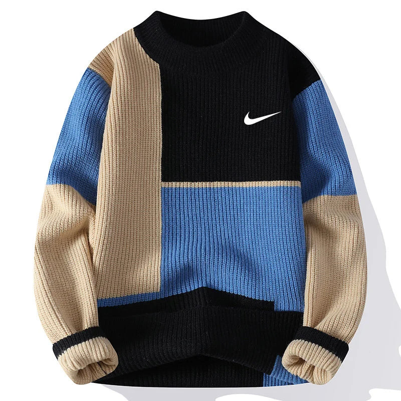 Men's Autumn And Winter Colorblock Warm Crew Neck Sweater