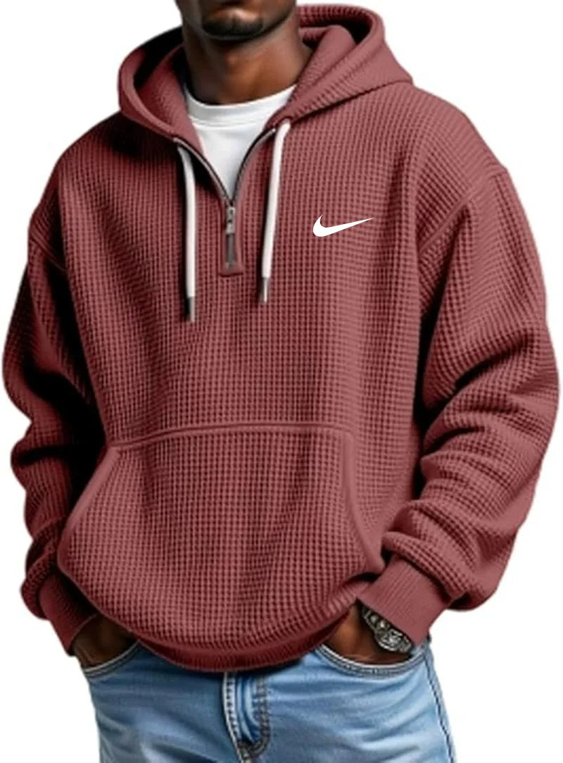 Men's Loose Waffle Half-Zip Hooded Sweatshirt