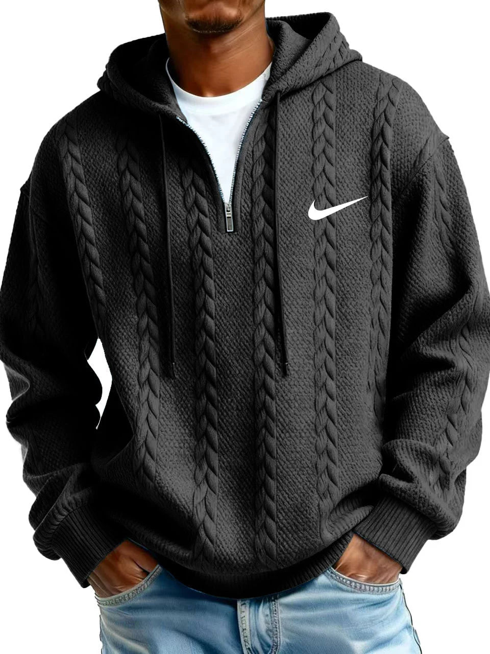 Men's Half Zip Cable-Knit Textured Fleece Hoodie