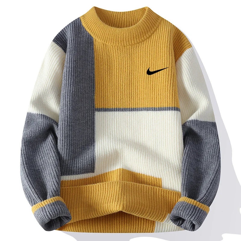 Men's Autumn And Winter Colorblock Warm Crew Neck Sweater